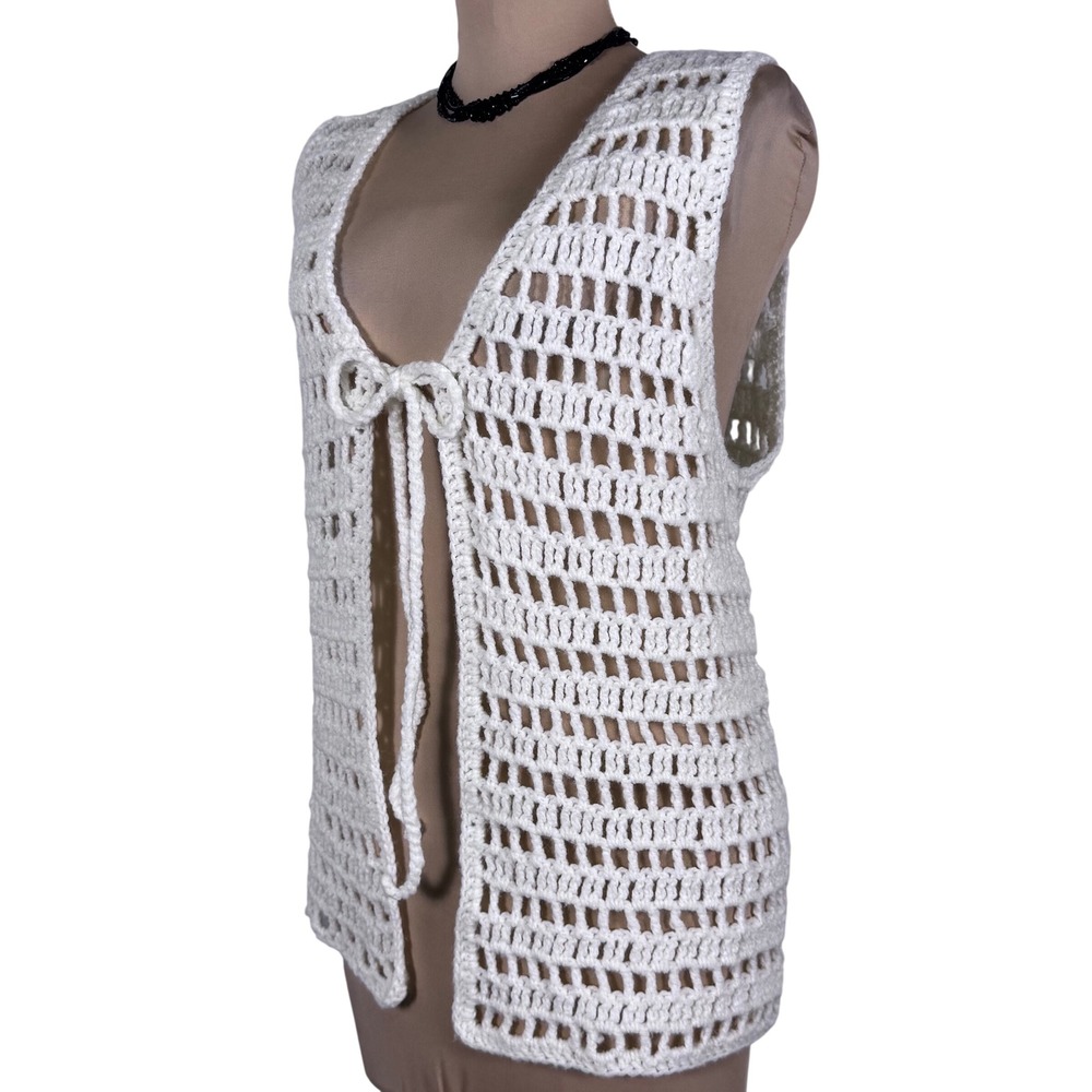 Vintage Hand Crocheted Cream Vest Tie Front Boho Regencycore Hippie‎ Open Knit - Picture 3 of 7